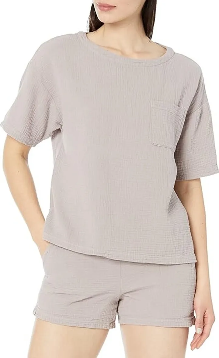 Barefoot Dreams Malibu Collection(r) Sun Soaked Crinkle Cotton Tee Shorts Set (Beach Rock) Women's Pajama Sets