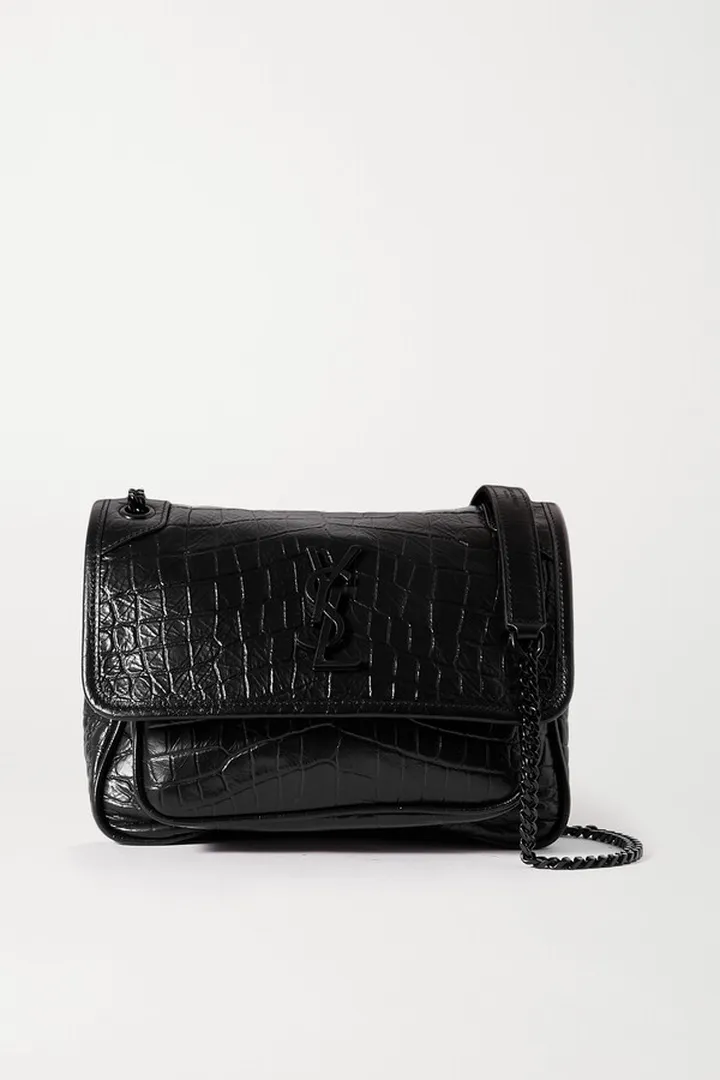 SAINT LAURENT - Niki Crinkled Croc-effect Leather Shoulder Bag - Black