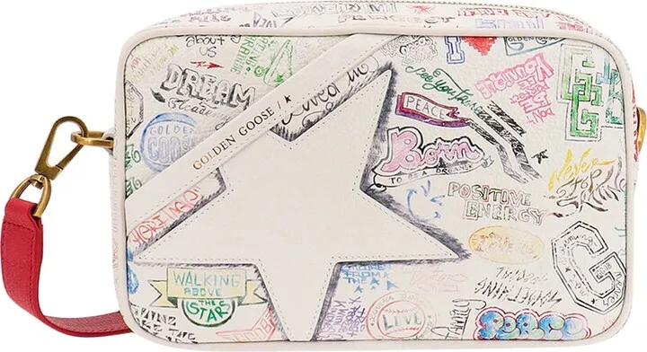 Hammered leather shoulder bag with multicolor print and Star logo patch