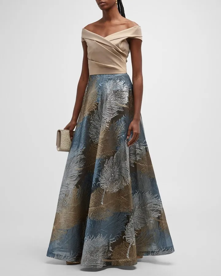 Off-Shoulder Metallic Jacquard Gown