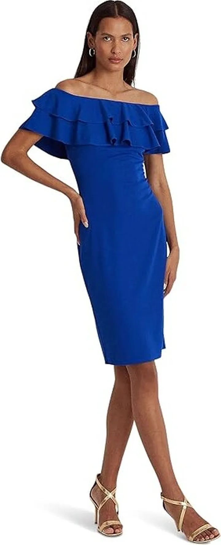 LAUREN Ralph Lauren Jersey Off-the-Shoulder Cocktail Dress (Blue Saturn) Women's Clothing