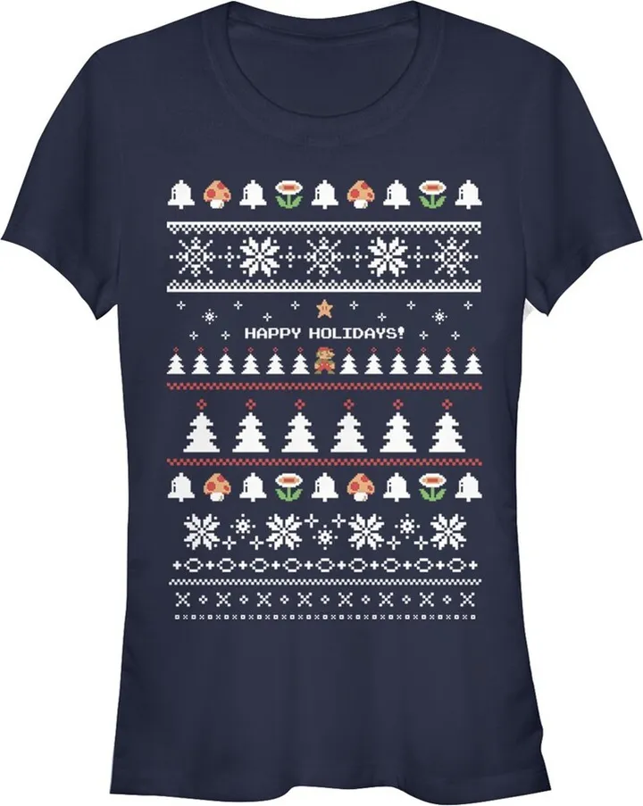 Junior's Nintendo Ugly Mario Holiday Sweater T-Shirt - Navy Blue - 2X Large