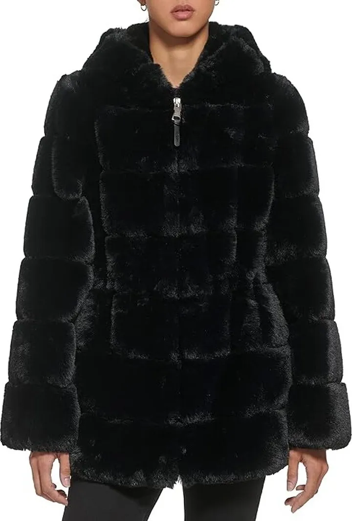 DKNY Zip Front Faux Fur Jacket (Black) Women's Clothing