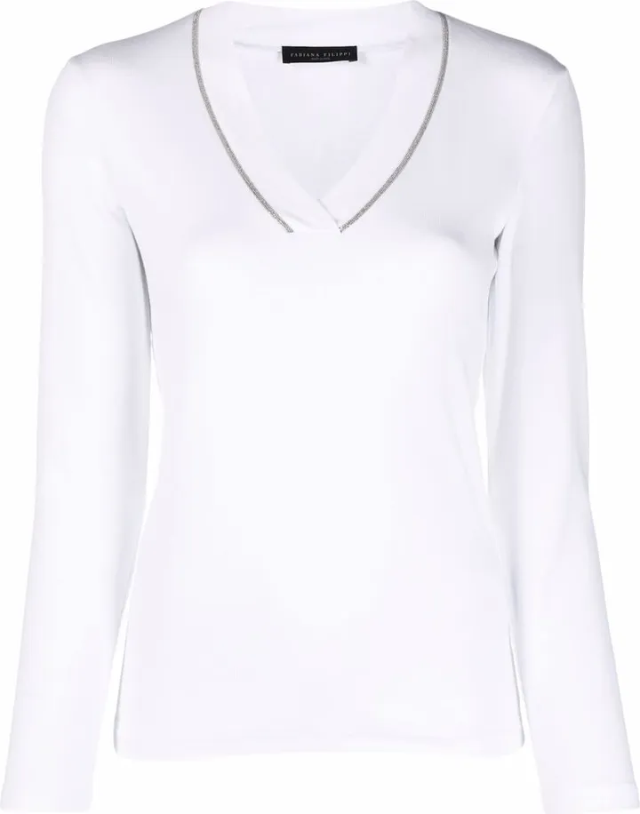 Bead-Detailing V-Neck Sweater