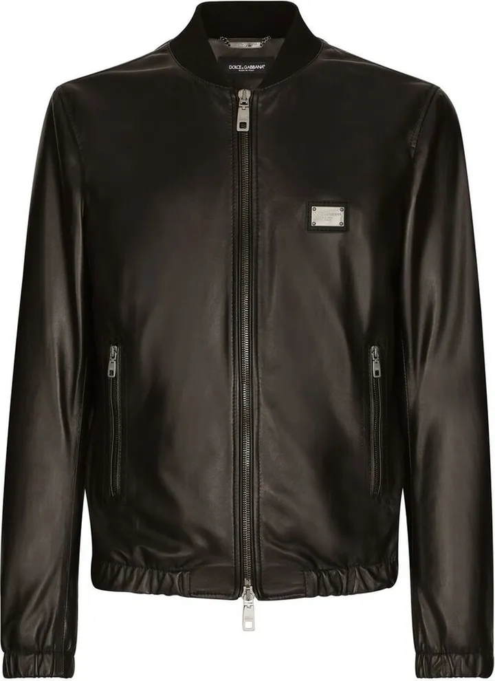 Black Logo Plaque Leather Bomber Jacket