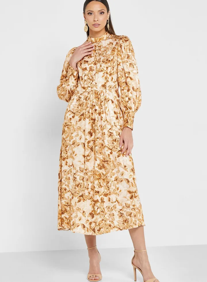 Puff Sleeve Floral Print Dress