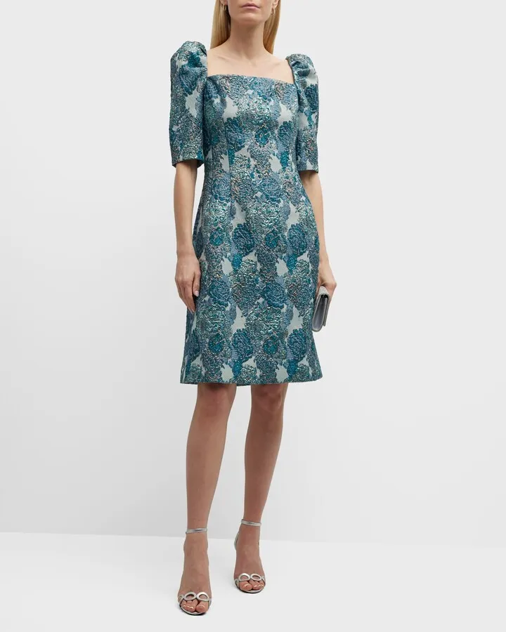 Puff-Sleeve Square-Neck Floral Jacquard Dress