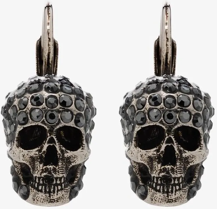 Silver Tone Crystal Skull Earrings