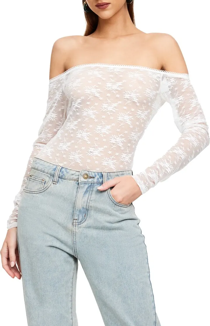 Mademoiselle Off the Shoulder Sheer Mesh Bodysuit