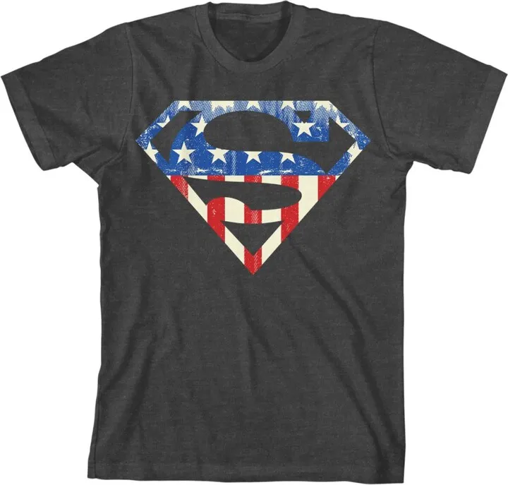 Superman American Flag Logo Youth Charcoal Heather Graphic Tee-Medium