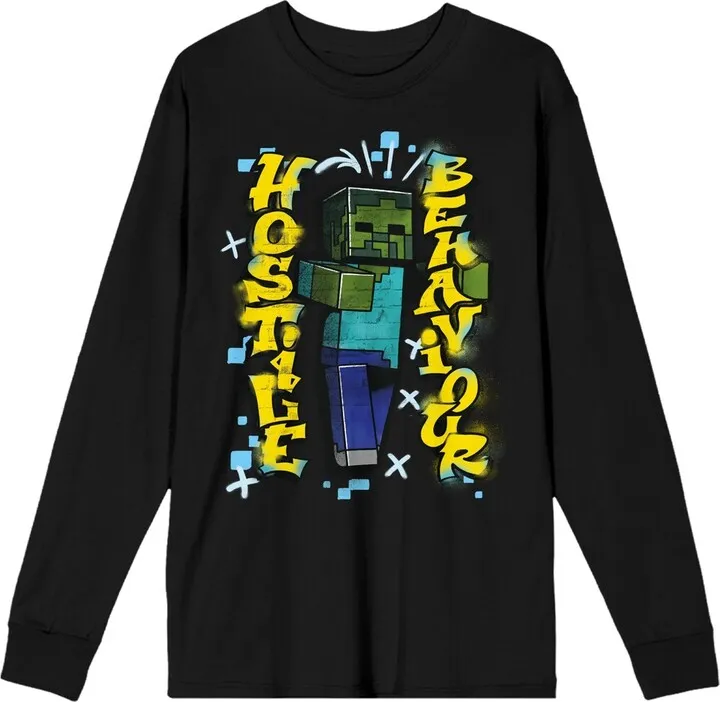 Minecraft Hostile Behaviour Zombie Men’s Black Long Sleeve Shirt-3XL