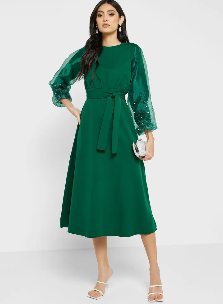 Embellished Sleeve Belted Dress