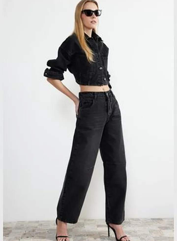 Black Stitch Detail High Waist Barrel Jeans