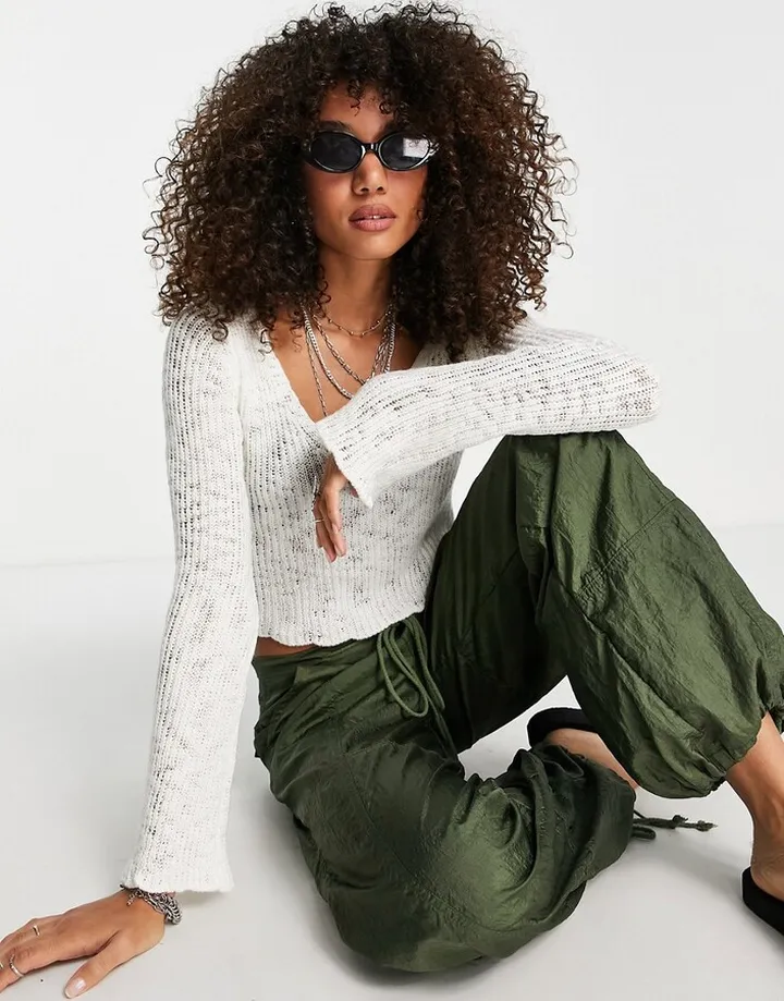 ASOS DESIGN V-neck sweater in slub yarn in cream