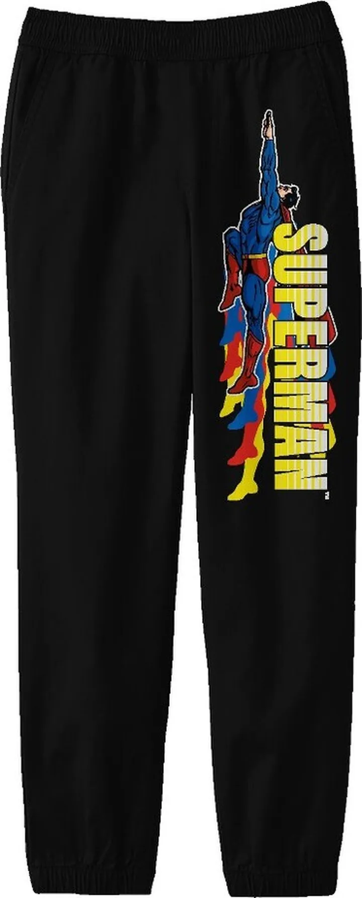 Superman Flying With Vertical Title Logo Youth Black Graphic Sweatpants-Medium