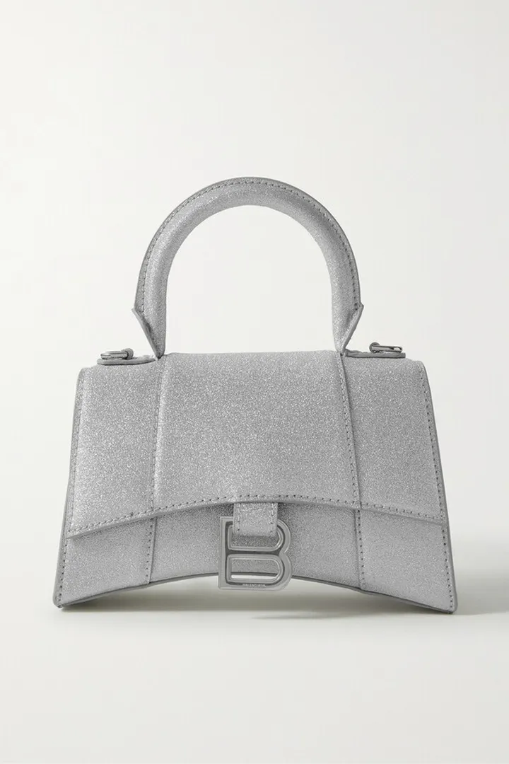 Balenciaga - Hourglass Xs Glittered Leather Tote - Silver