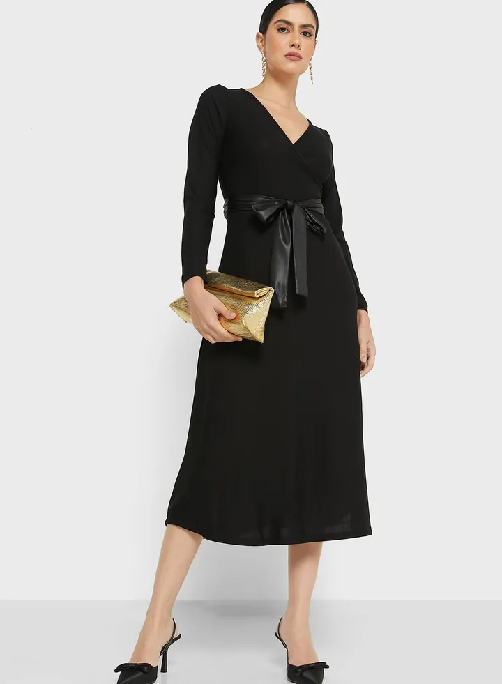 Wrap Front Belted Midi Dress