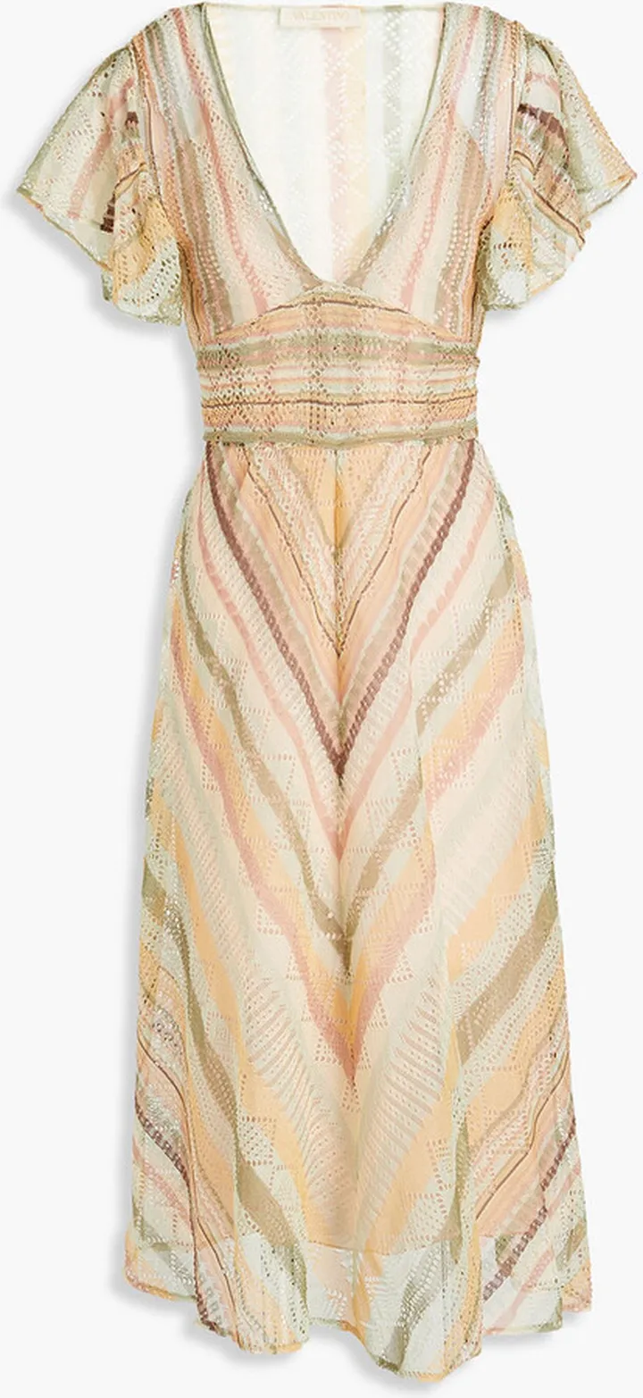 Tie-back striped crochet-knit silk midi dress