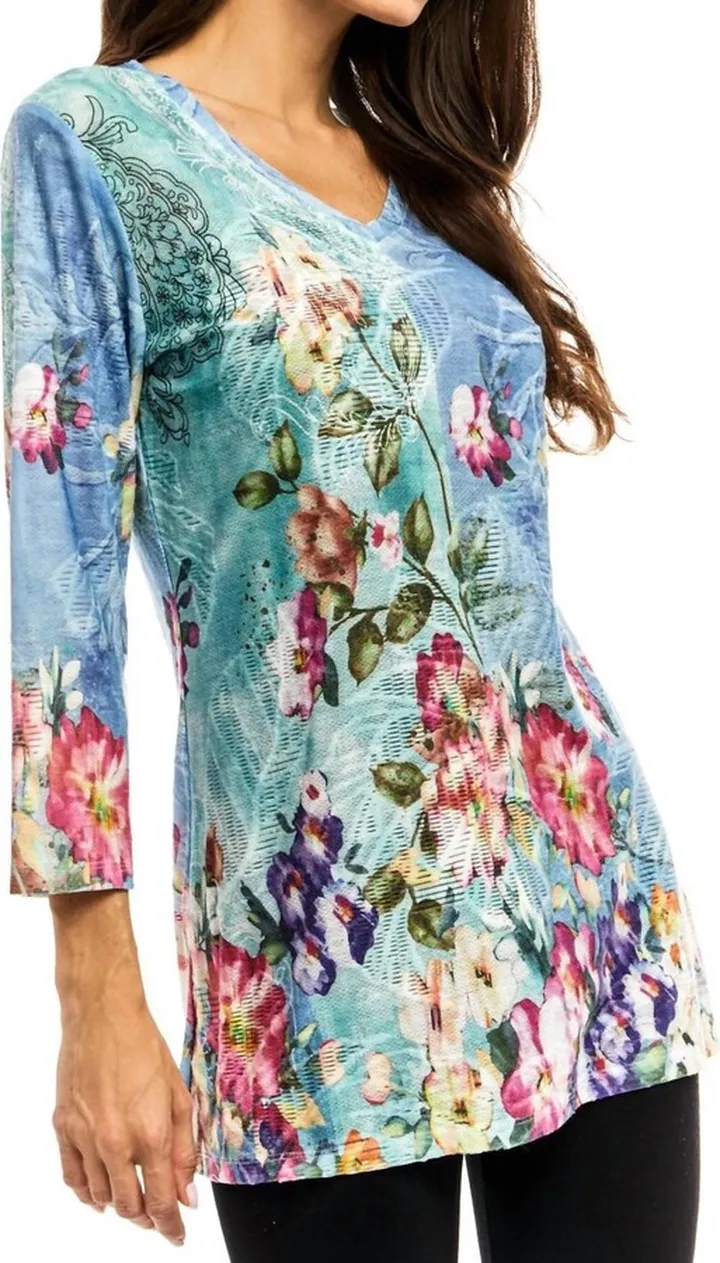 Floral V Neckline Tunic in Blue Green