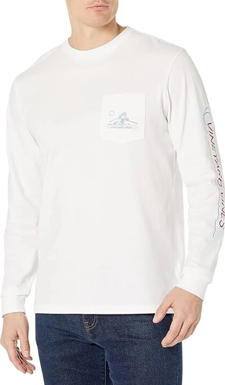 Vineyard Vines Downhill Skiier Long Sleeve Pocket Tee (White Cap) Men's Clothing