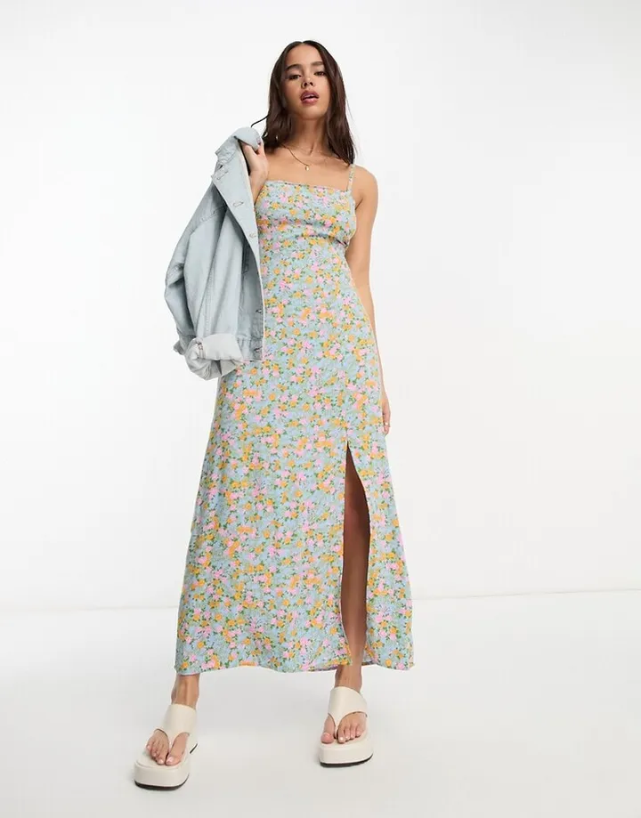 Miss Selfridge strappy lace back maxi slip dress in blue ditsy