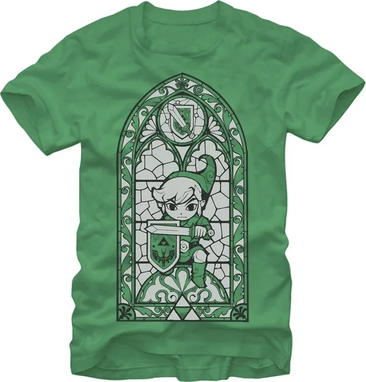 Men's Nintendo Legend of Zelda Grayscale Stained Glass T-Shirt - Kelly Green - Medium