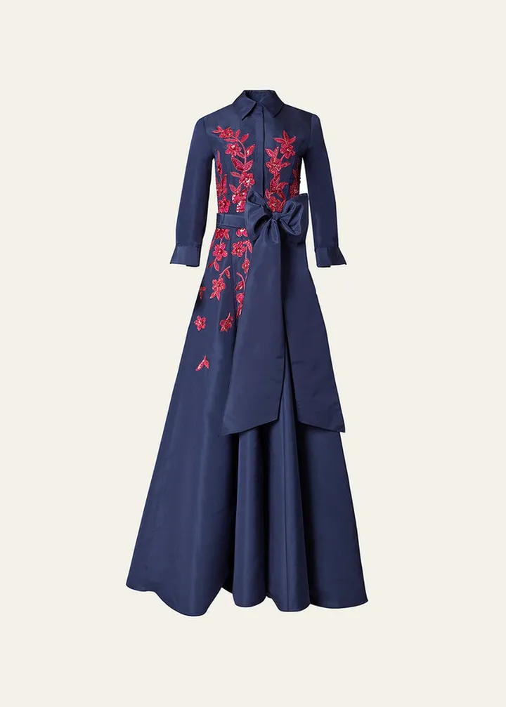 Floral Embroidered Waist-Tie Trench Gown