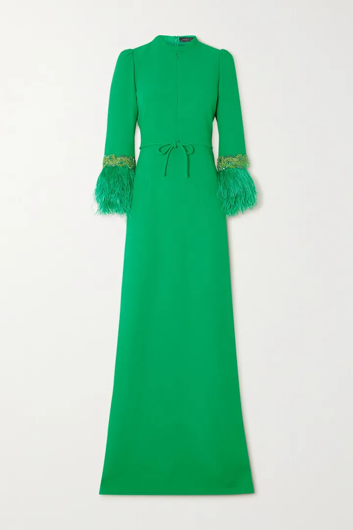 Andrew Gn - Embellished Feather-trimmed Cady Gown - Green