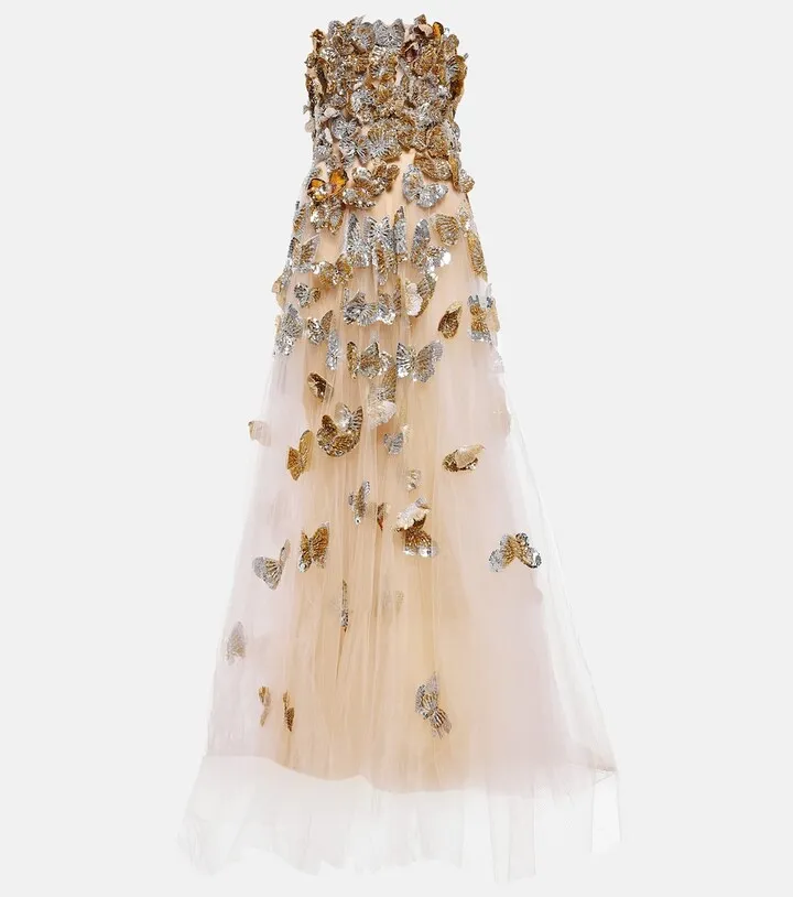 Applique sequined tulle gown