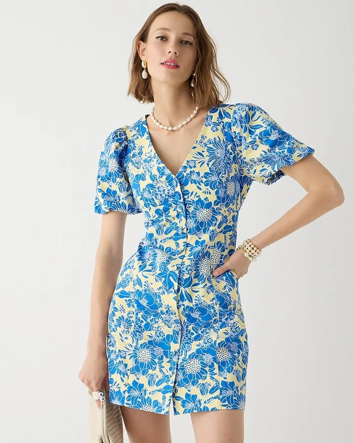 Button-front puff-sleeve mini dress in blue floral twill