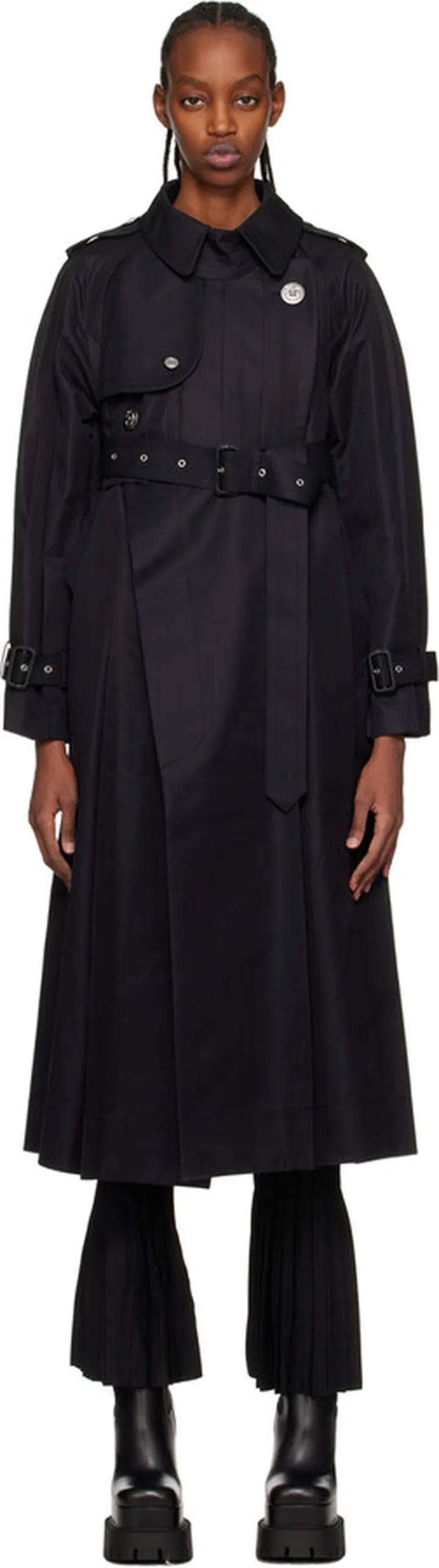 sacai Black Pleated Trench Coat