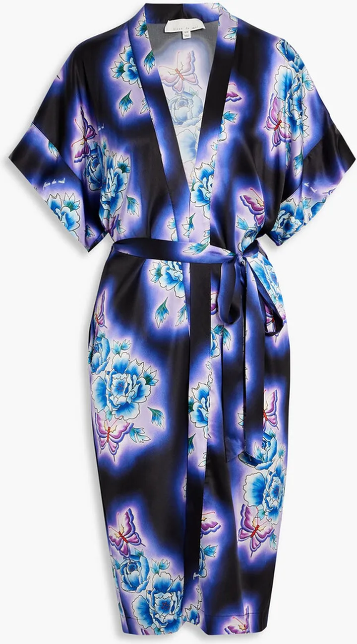 Floral-print stretch silk-satin robe