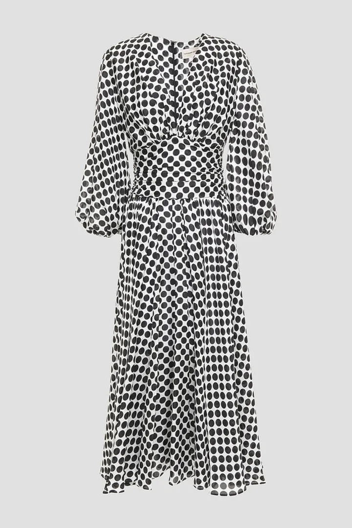 Gathered polka-dot silk midi dress