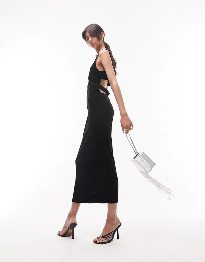Topshop strappy back jersey velvet midi dress in black