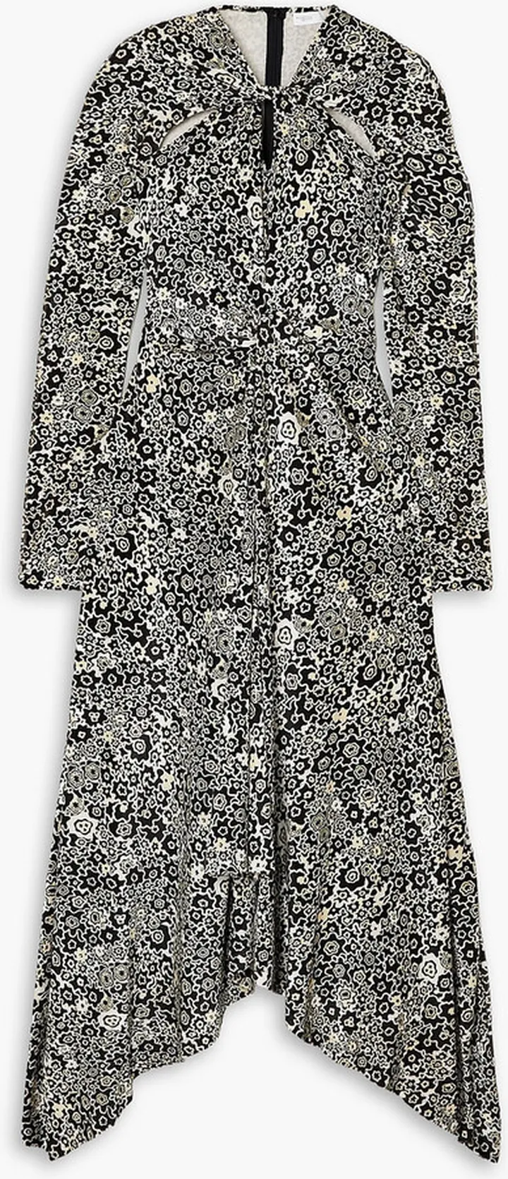 Asymmetric twist-front printed stretch-velvet dress