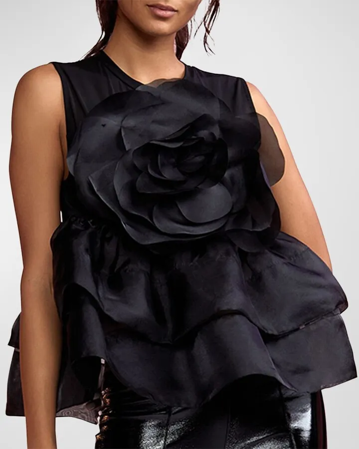Sleeveless Flower-Applique Organza Top