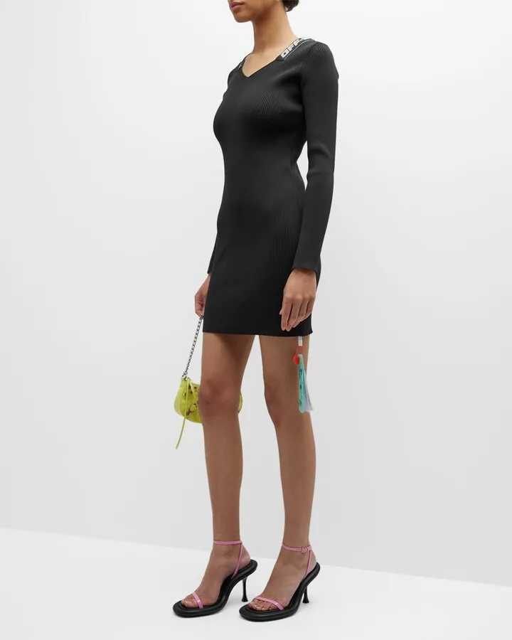 Logo Band Strappy Long-Sleeve Rib Mini Dress