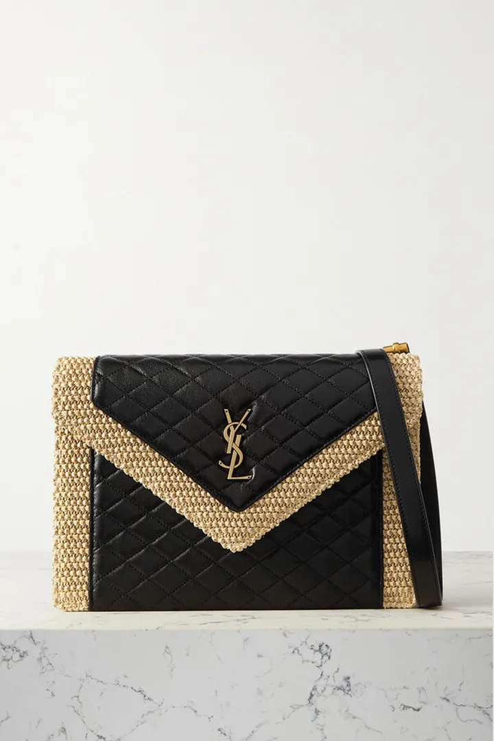 SAINT LAURENT - Gaby Raffia-trimmed Quilted Leather Shoulder Bag - Black