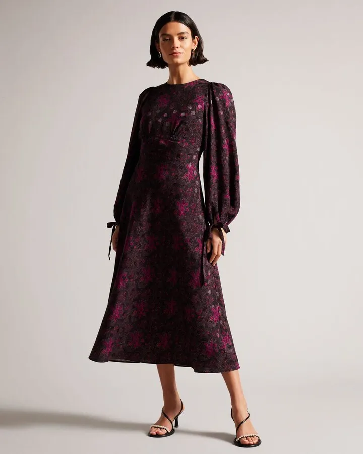 Floral Printed Midi Dress in Black