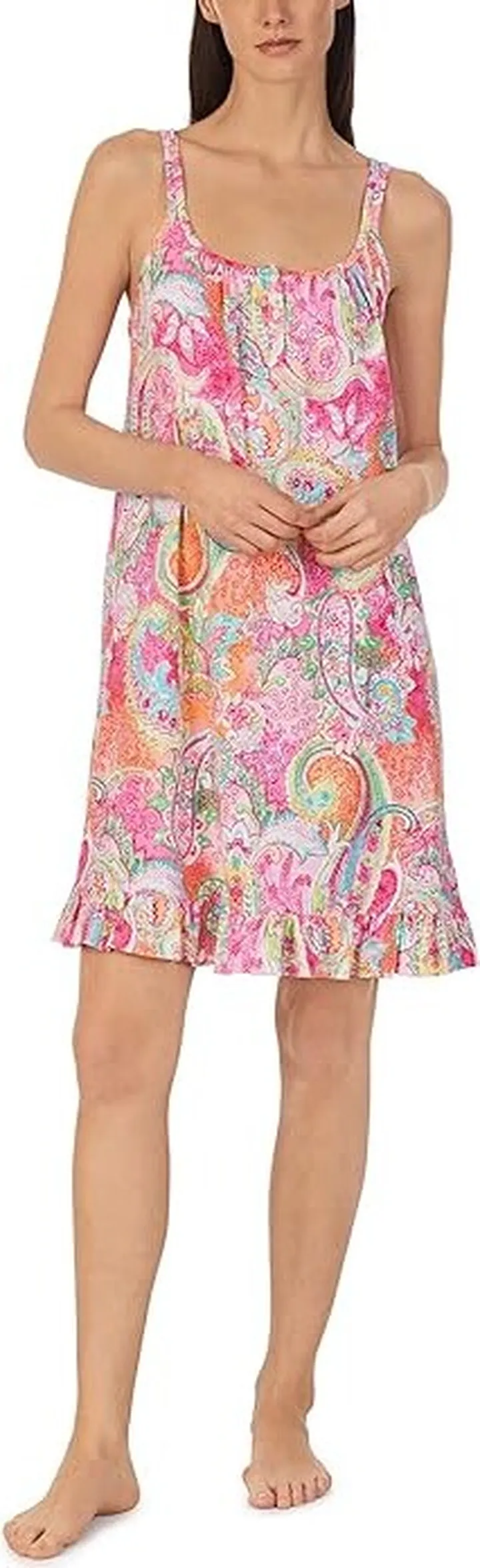LAUREN Ralph Lauren Double Strap Ruffle Hem Gown (Pink Ground Paisley) Women's Pajama