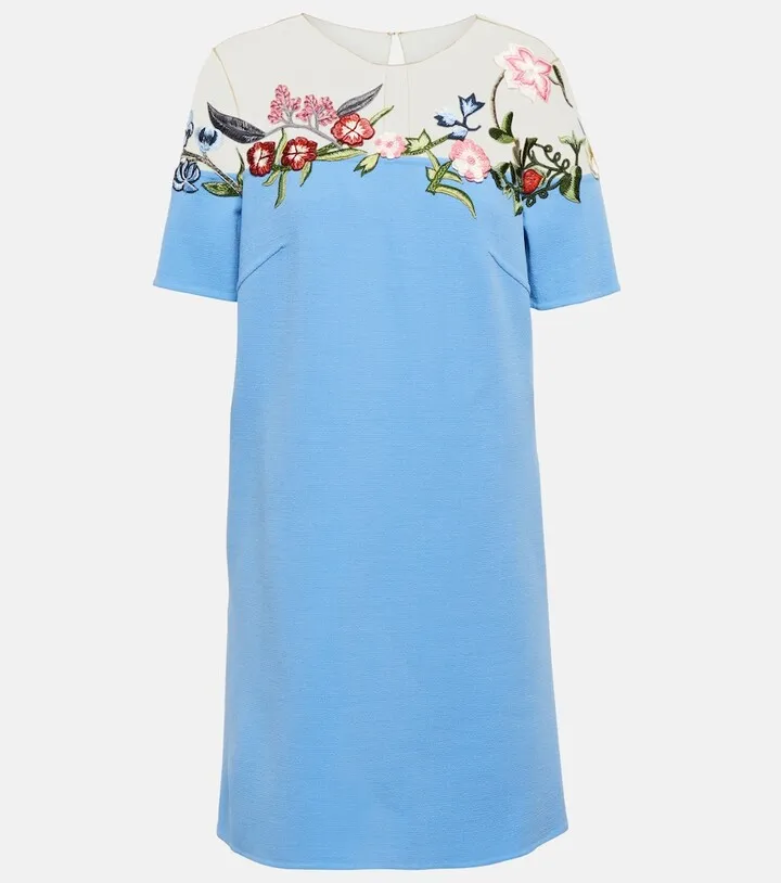Floral embroidered wool-blend minidress