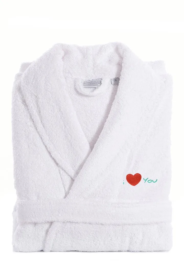 'I Love You' Embroidered White Terry Bathrobe