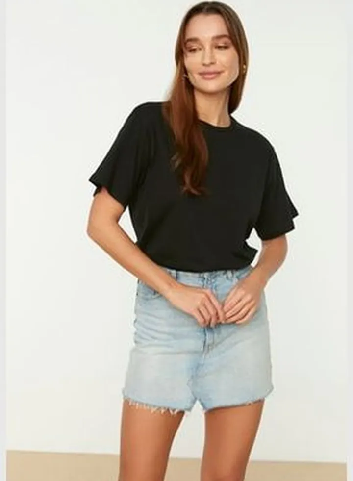 Black 100% Cotton Boyfriend/Wide Fit Crew Neck Knitted T-Shirt TWOSS20TS0134