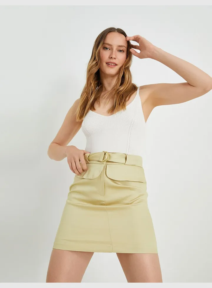 Belt Detailed Linen Skirt