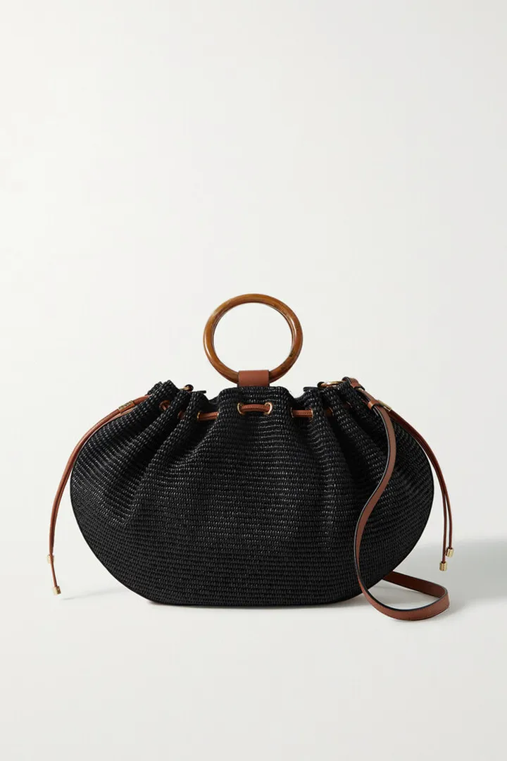 Ulla Johnson - Valeria Large Leather-trimmed Ruched Raffia Shoulder Bag - Black
