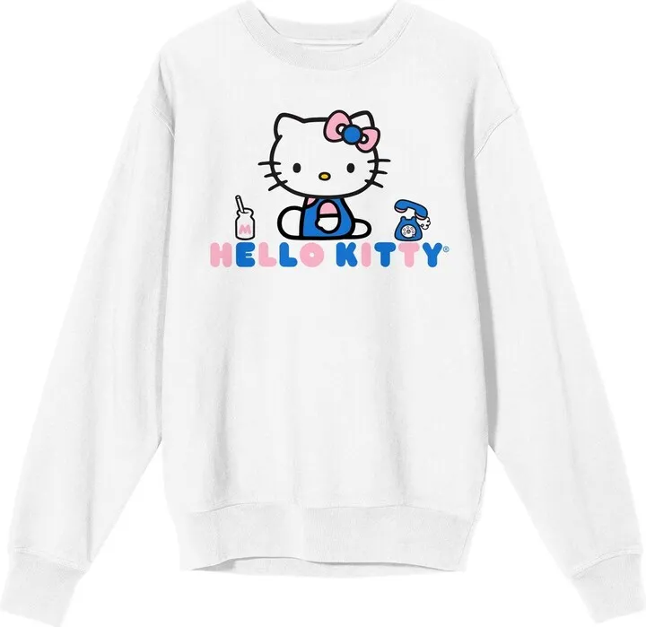 Hello Kitty Phone Graphic Crew Neck Long Sleeve White Fleece Women’s Tee-3XL