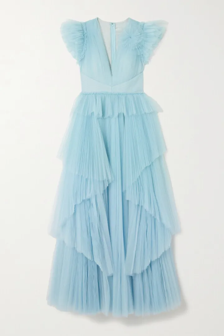 Huishan Zhang - Pascale Tiered Ruffled Pleated Tulle Gown - Blue