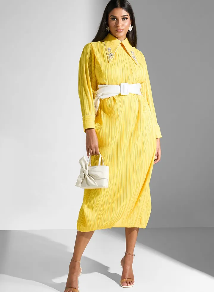 Embroidered Lapel Belted Dress