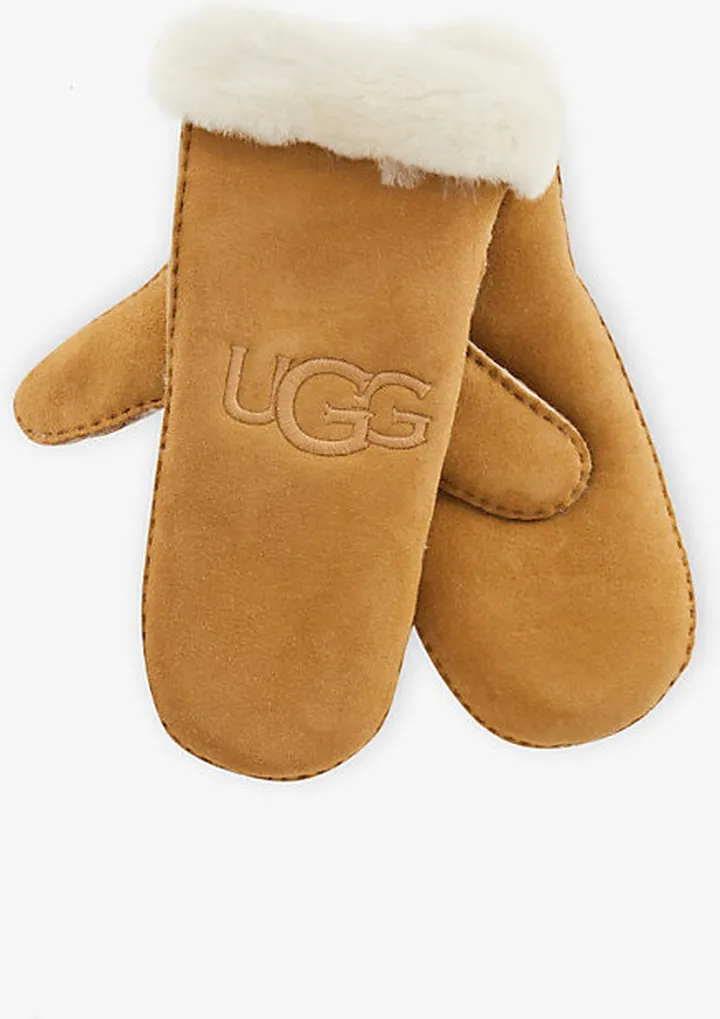 Ugg Womens Chestnut Logo-embroidered Rounded Leather and Shearling Mittens