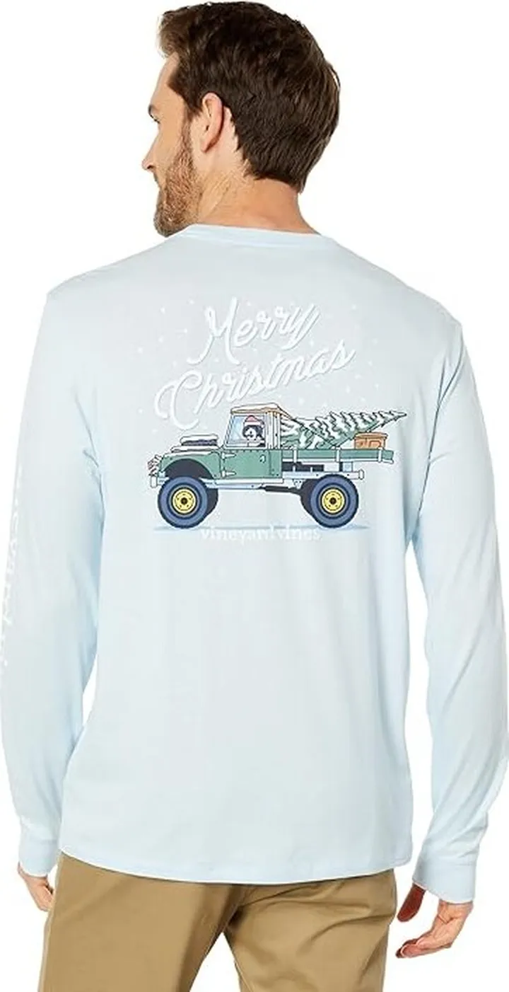 Vineyard Vines Truck Tree Long Sleeve Pocket Tee (Ice Water) Men's Clothing